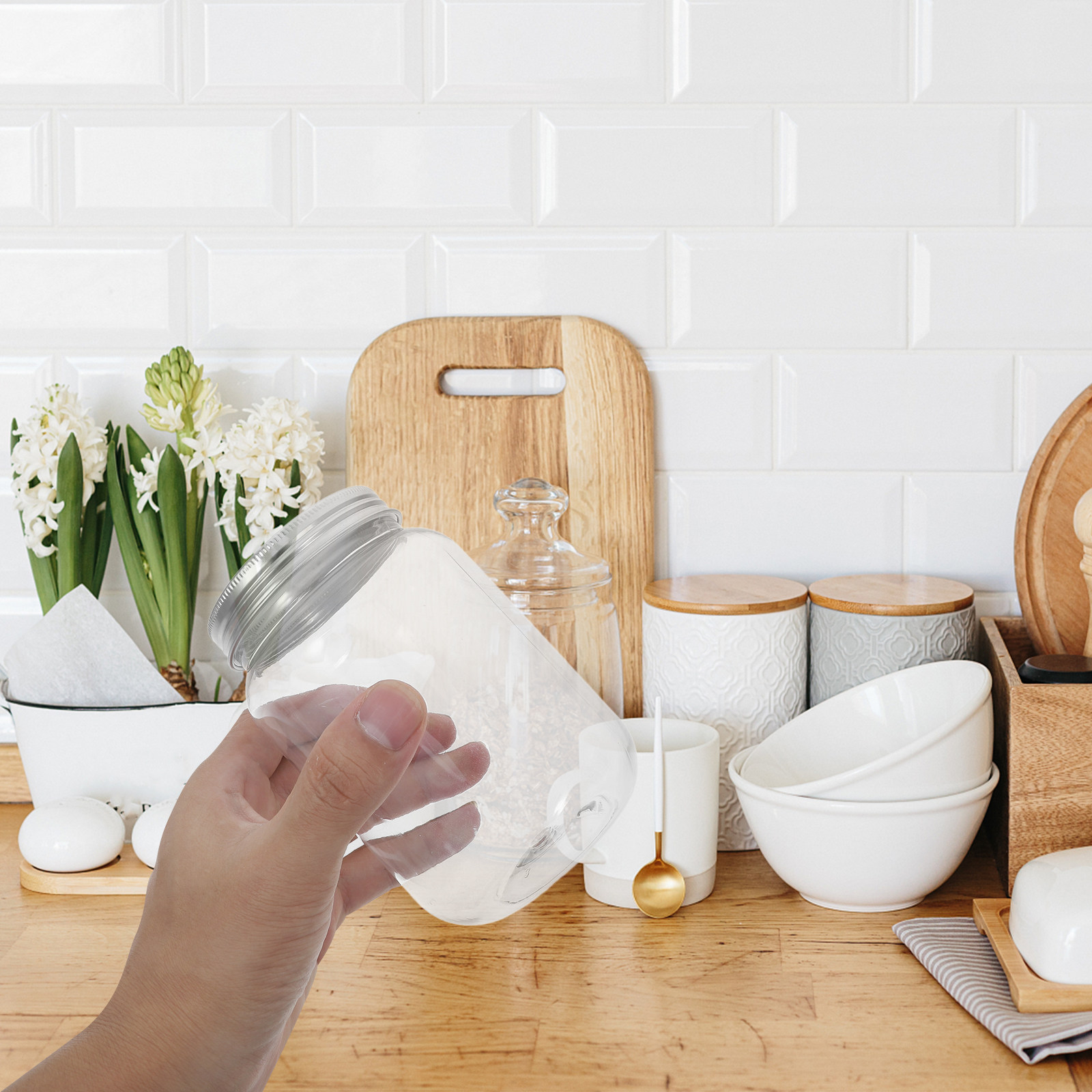 Food Storage Jars & Containers - 4개의 투명 플라스틱 병, 밀폐 뚜껑