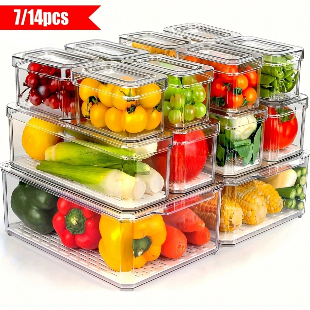 Food Storage Kitchen Cabinet - 7/14팩 적층형 냉장고 정리함(뚜껑 포함), 과일,