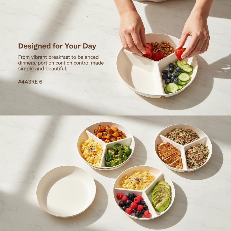 Food Storage Dividers - 3칸 격자형 디너 플레이트 원형 플라스틱